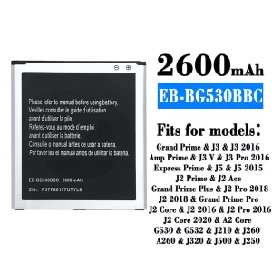 Genuine cell phone battery EB-BG530BBC for Samsung J3/J3 2016/J3 V/J3 Pro 2016/J5/J5 2015/J2 Ace/J2 Pro 2018/J2 2018/J2 Core/J2 2016/J2 Pro 2016/J2 Core 2020/A2 Core